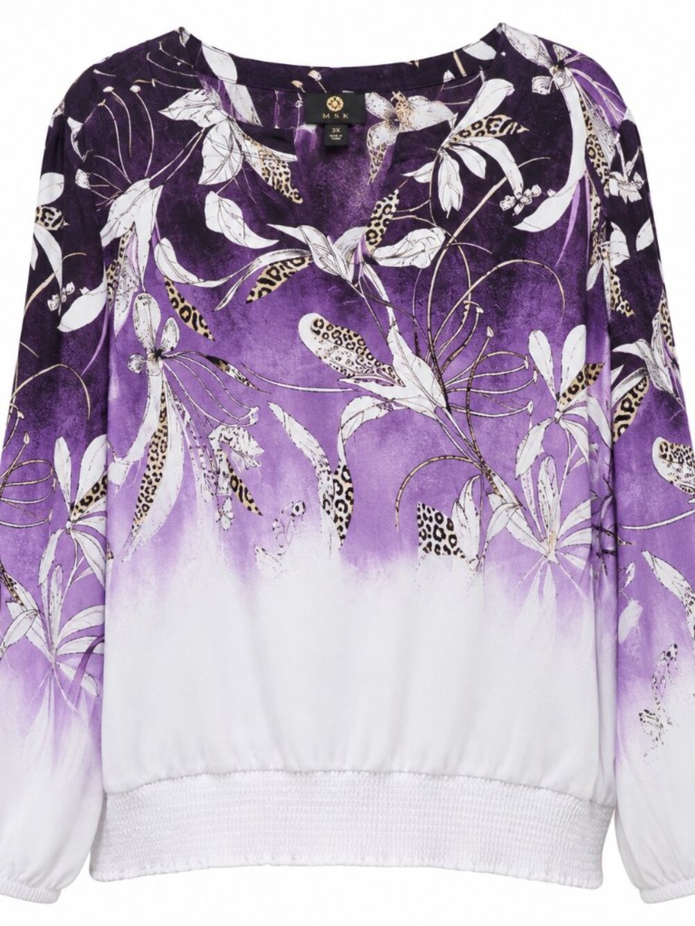 JM Collection XXL Women's Purple Floral Ombre Embellished Long Sleeve Blouse